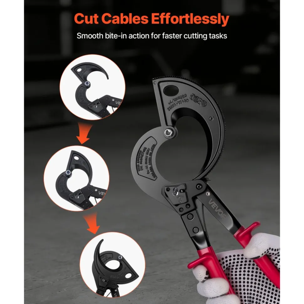 VEVOR Ratcheting Cable Cutter, Spring Steel Blades with Insulated Handles, Quick-Release Button, Heavy Duty Ratchet Cable Wire Cutter for Cutting Copper & Aluminum Cables Up to 800 MCM / 400 mm²