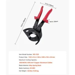 VEVOR Ratcheting Cable Cutter, Spring Steel Blades with Insulated Handles, Quick-Release Button, Heavy Duty Ratchet Cable Wire Cutter for Cutting Copper & Aluminum Cables Up to 800 MCM / 400 mm²