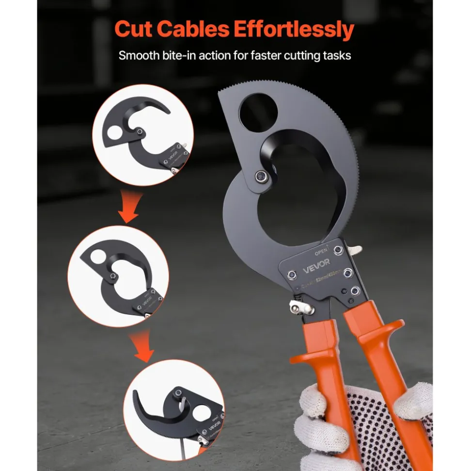 VEVOR Ratcheting Cable Cutter, Spring Steel Blades with PVC-Coated Handles, Quick-Release Button, Heavy Duty Ratchet Cable Wire Cutter for Cutting Copper & Aluminum Cables Up to 800 MCM / 400 mm²