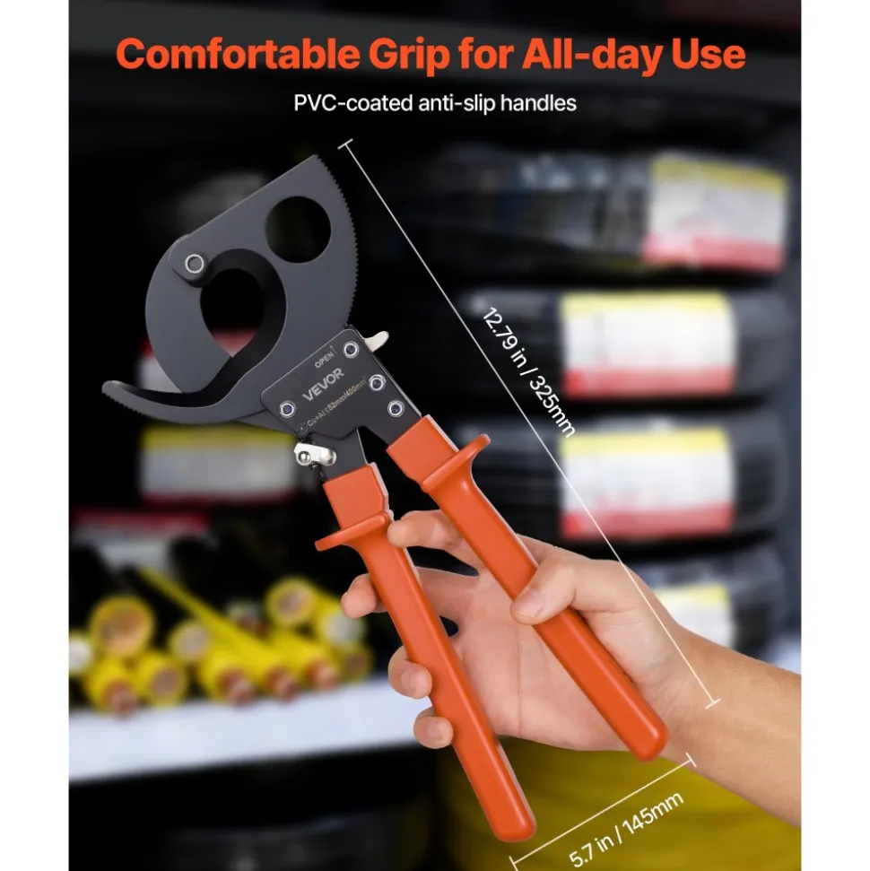 VEVOR Ratcheting Cable Cutter, Spring Steel Blades with PVC-Coated Handles, Quick-Release Button, Heavy Duty Ratchet Cable Wire Cutter for Cutting Copper & Aluminum Cables Up to 800 MCM / 400 mm²