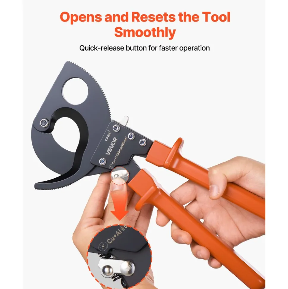 VEVOR Ratcheting Cable Cutter, Spring Steel Blades with PVC-Coated Handles, Quick-Release Button, Heavy Duty Ratchet Cable Wire Cutter for Cutting Copper & Aluminum Cables Up to 800 MCM / 400 mm²