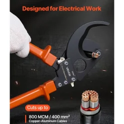 VEVOR Ratcheting Cable Cutter, Spring Steel Blades with PVC-Coated Handles, Quick-Release Button, Heavy Duty Ratchet Cable Wire Cutter for Cutting Copper & Aluminum Cables Up to 800 MCM / 400 mm²