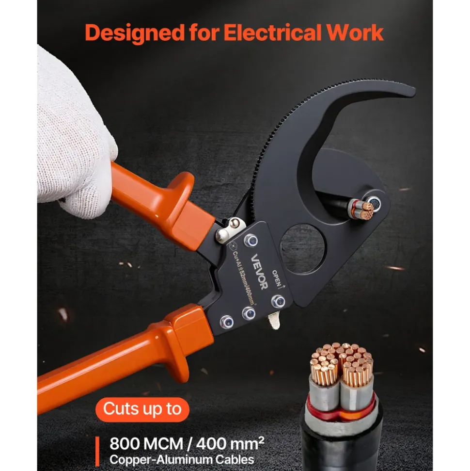 VEVOR Ratcheting Cable Cutter, Spring Steel Blades with PVC-Coated Handles, Quick-Release Button, Heavy Duty Ratchet Cable Wire Cutter for Cutting Copper & Aluminum Cables Up to 800 MCM / 400 mm²