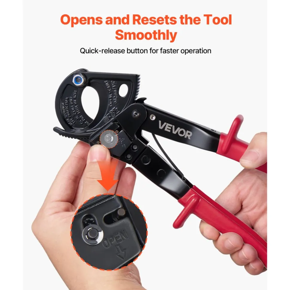 VEVOR Ratcheting Cable Cutter, Spring Steel Blades with PVC-Coated Handles, Quick-Release Button, Heavy Duty Ratchet Cable Wire Cutter for Cutting Copper & Aluminum Cables Up to 474 MCM / 240 mm²