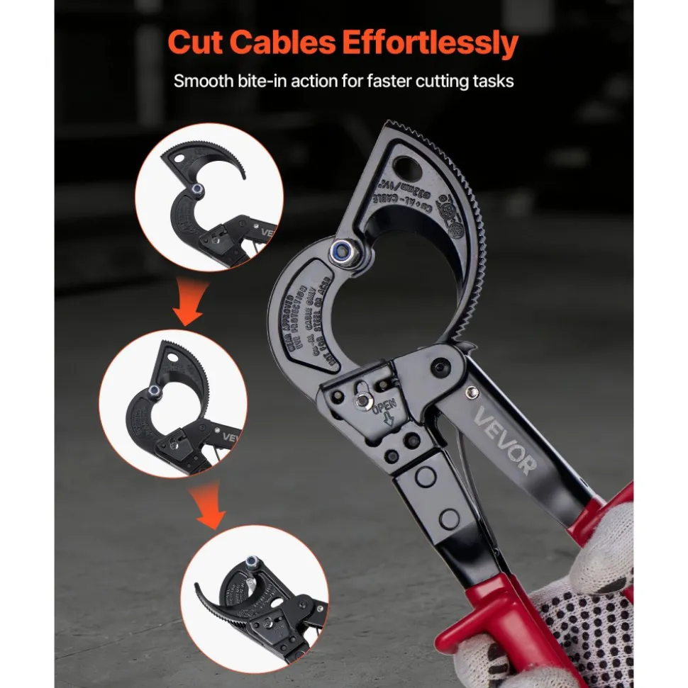 VEVOR Ratcheting Cable Cutter, Spring Steel Blades with PVC-Coated Handles, Quick-Release Button, Heavy Duty Ratchet Cable Wire Cutter for Cutting Copper & Aluminum Cables Up to 474 MCM / 240 mm²
