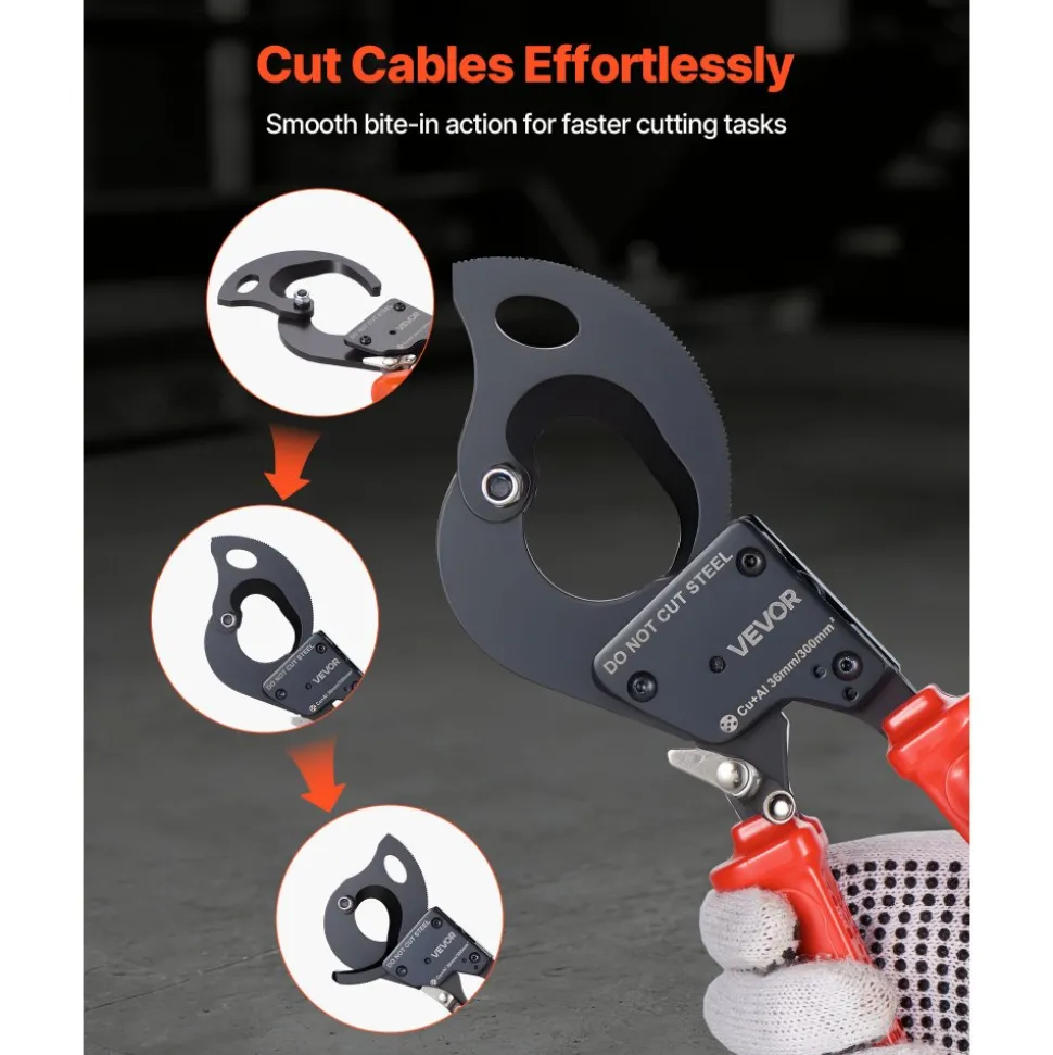 VEVOR Ratcheting Cable Cutter, Spring Steel Blades with PVC-Coated Handles, Quick-Release Button, Heavy Duty Ratchet Cable Wire Cutter for Cutting Copper & Aluminum Cables Up to 600 MCM / 300 mm²