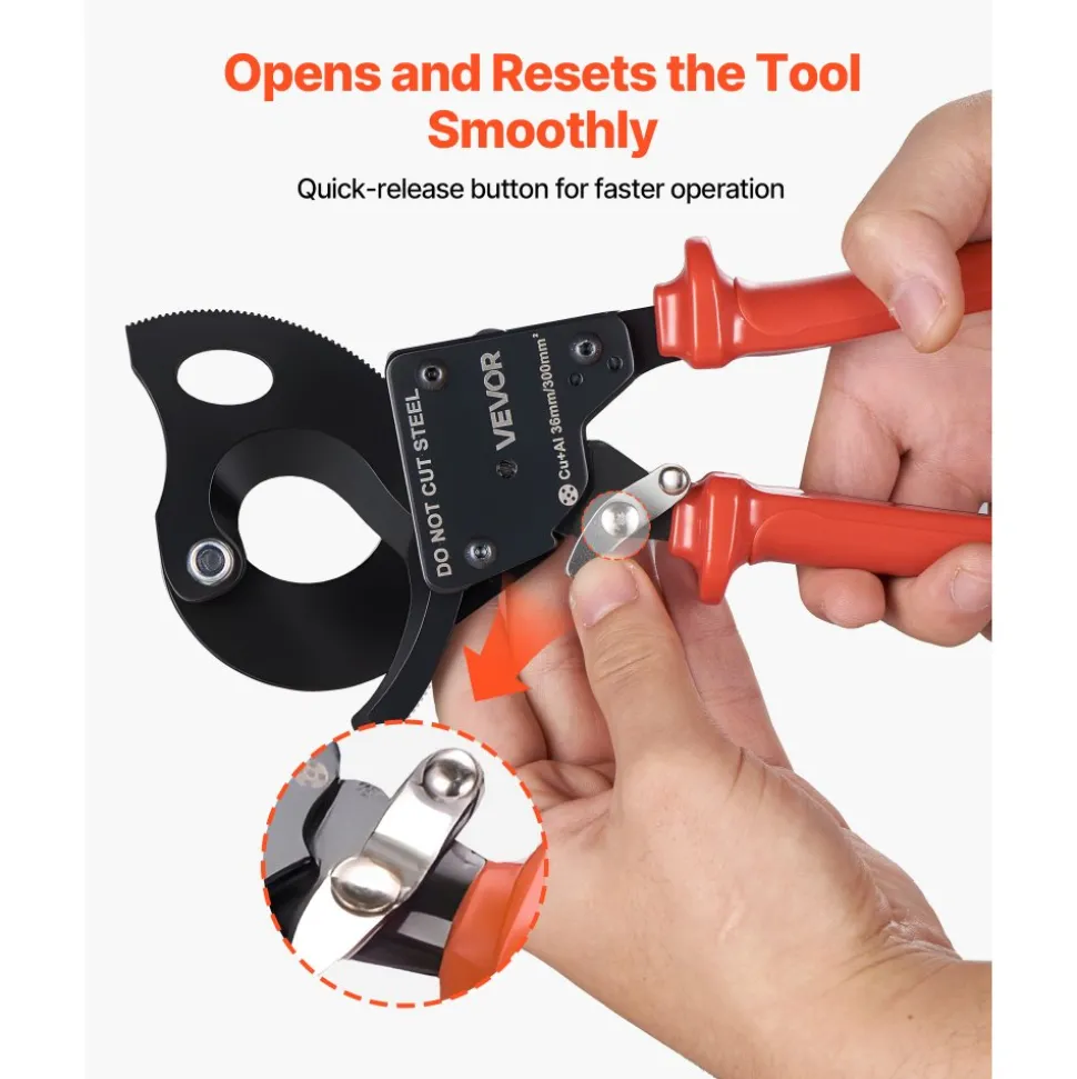 VEVOR Ratcheting Cable Cutter, Spring Steel Blades with PVC-Coated Handles, Quick-Release Button, Heavy Duty Ratchet Cable Wire Cutter for Cutting Copper & Aluminum Cables Up to 600 MCM / 300 mm²