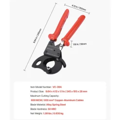 VEVOR Ratcheting Cable Cutter, Spring Steel Blades with PVC-Coated Handles, Quick-Release Button, Heavy Duty Ratchet Cable Wire Cutter for Cutting Copper & Aluminum Cables Up to 600 MCM / 300 mm²