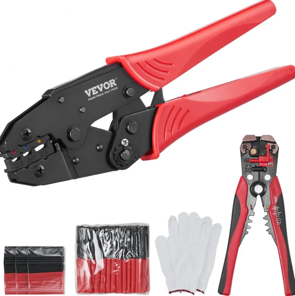 VEVOR Ratcheting Crimping Tool Set For Insulated Electrical Connectors AWG22-10 with Wire Stripper and 210pcs Heat Shrink Tubes Labor-Saving Ratcheting Wire Crimp Pliers
