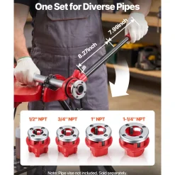 VEVOR Ratchet Pipe Threader Kit with 4 Dies, 1/2" NPT, 3/4" NPT, 1" NPT, 1-1/4" NPT Manual Ratcheting Pipe Threading Tool, Portable Pipes Threader Set with Toolbox for Plumbing Installation & Repair