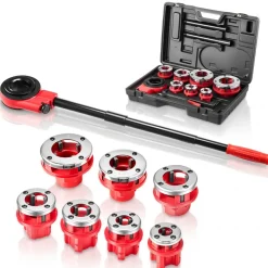 VEVOR Ratchet Pipe Threader Kit with 7 Dies, 3/8" BSPT to 2" BSPT Manual Ratcheting Pipe Threading Tool, Portable Pipes Threader Set with Toolbox for Plumbing Installation & Repair