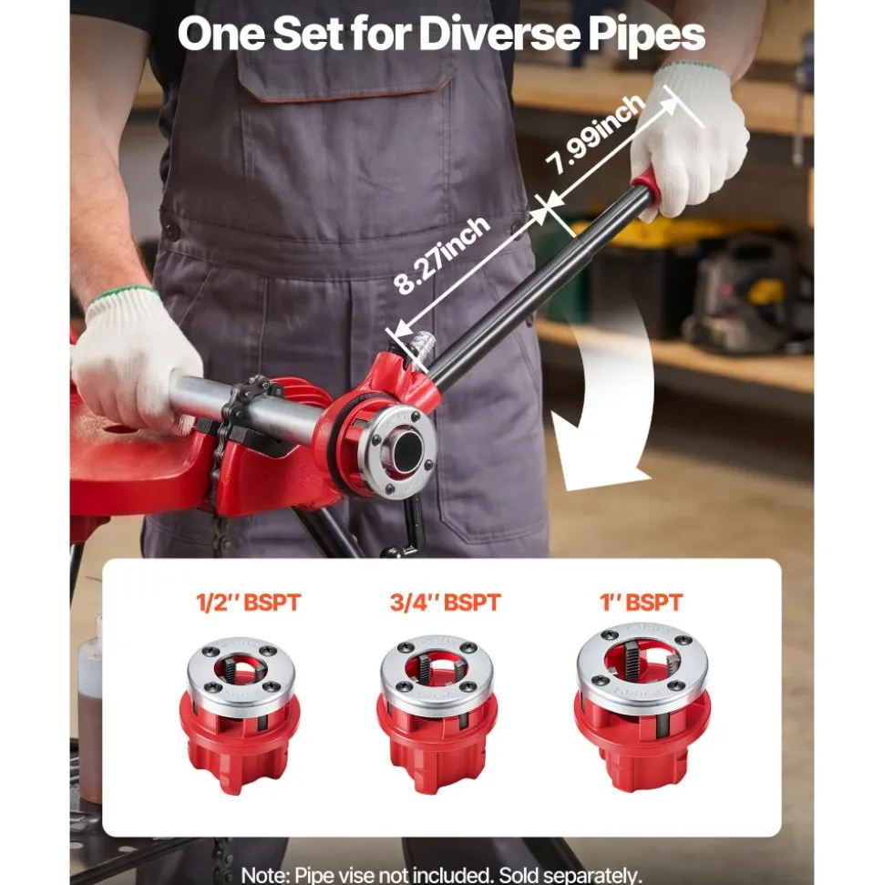 VEVOR Ratchet Pipe Threader Kit with 3 Dies, 1/2" BSPT, 3/4" BSPT, 1" BSPT Manual Ratcheting Pipe Threading Tool, Portable Pipes Threader Set with Toolbox for Plumbing Installation & Repair
