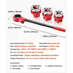 VEVOR Ratchet Pipe Threader Kit with 3 Dies, 1/2