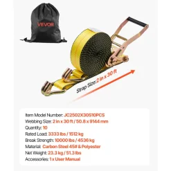 VEVOR Ratchet Straps, 2 in x 30 ft, Heavy Duty Tie Down Straps with Double J Hook, 10,000 lbs Break Strength, Tie Down Ratcheting for Moving, Trailers, Motorcycles, Kayaks, Car Roof, 10 Pack