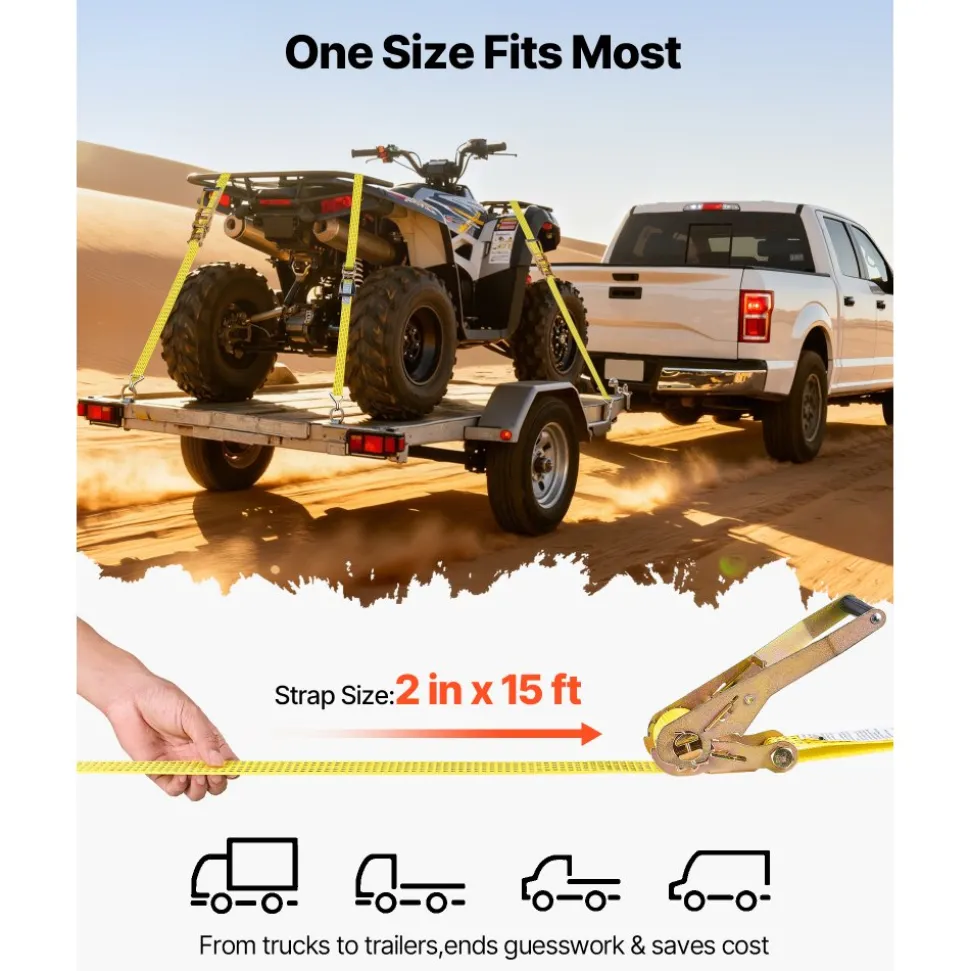 VEVOR Ratchet Straps, 2 in x 15 ft, Heavy Duty Tie Down Straps with Double J Hook, 5000 lbs Break Strength, Carry Bag, Tie Down Ratcheting for Moving, Trailers, Motorcycles, Kayaks, Car Roof, 6 Pack