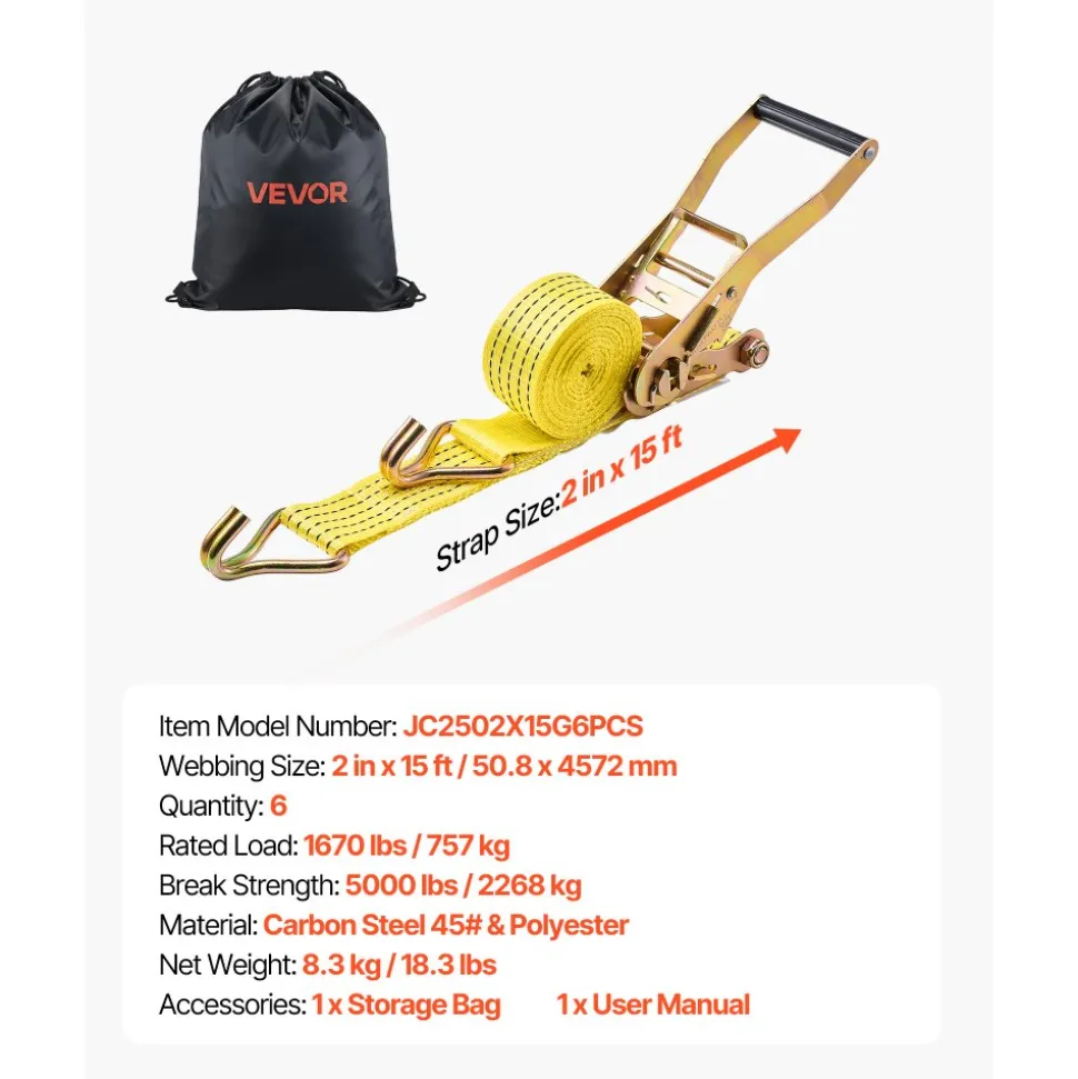 VEVOR Ratchet Straps, 2 in x 15 ft, Heavy Duty Tie Down Straps with Double J Hook, 5000 lbs Break Strength, Carry Bag, Tie Down Ratcheting for Moving, Trailers, Motorcycles, Kayaks, Car Roof, 6 Pack