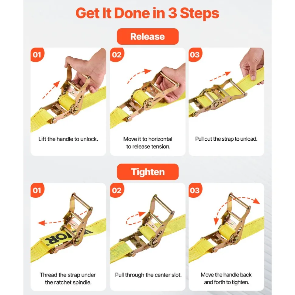 VEVOR Ratchet Straps, 2 in x 15 ft, 30 Pack E-Track Tie Down Straps, 4400 lbs Break Strength & 1460 lbs Rated Load, Tie Down Ratcheting for Moving, Trailers, Motorcycles, Kayaks, Car Roof, Yellow