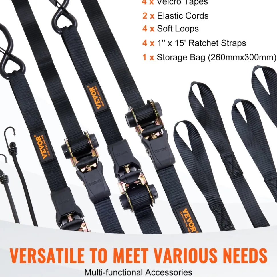 VEVOR Ratchet Tie Down Straps (4PK), 2200 lb Max Break Strength, Includes 4 Premium 1" x 15' Rachet Tie Downs with Padded Handles, for Moving Securing Cargo, Appliances, Lawn Equipment, Motorcycle