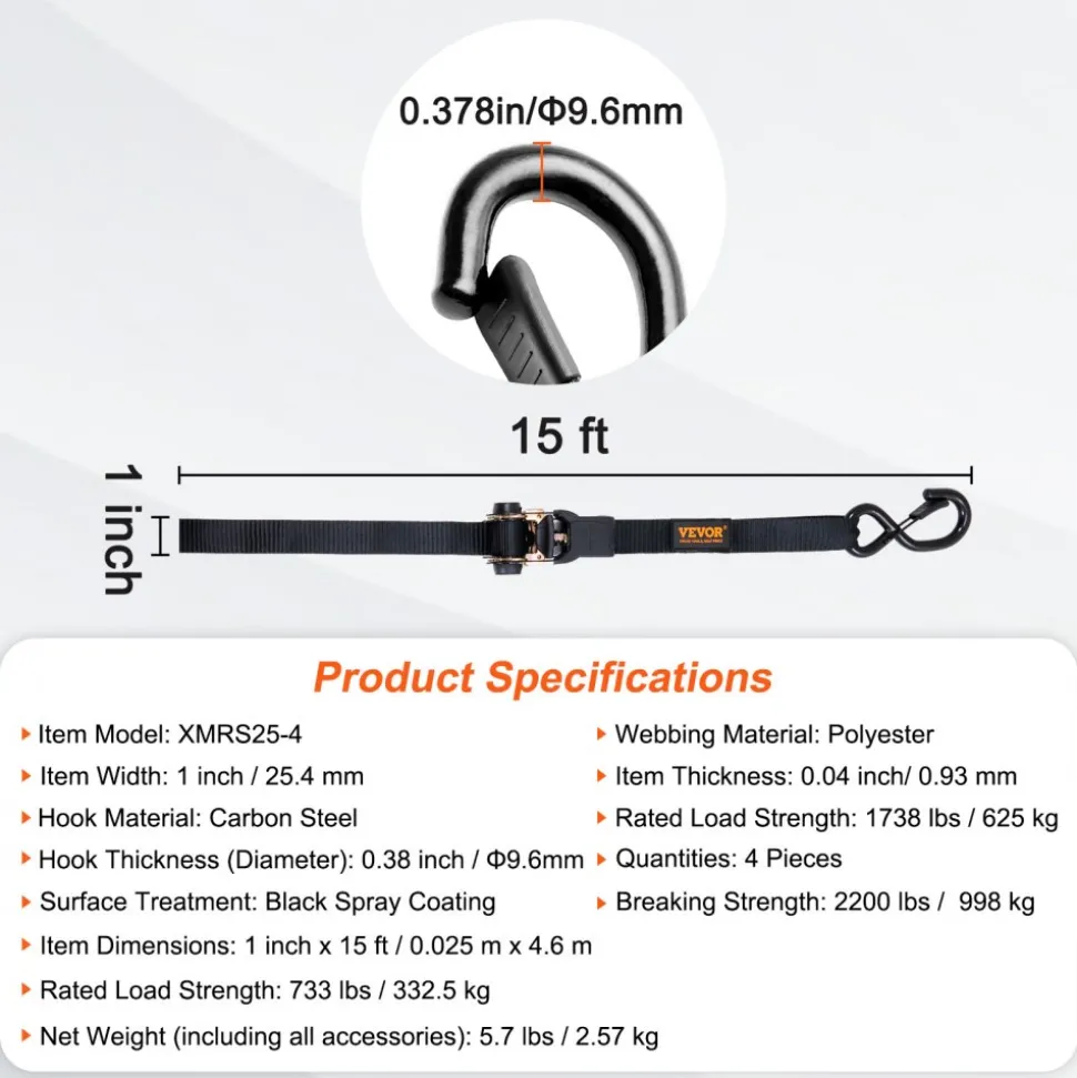 VEVOR Ratchet Tie Down Straps (4PK), 2200 lb Max Break Strength, Includes 4 Premium 1" x 15' Rachet Tie Downs with Padded Handles, for Moving Securing Cargo, Appliances, Lawn Equipment, Motorcycle
