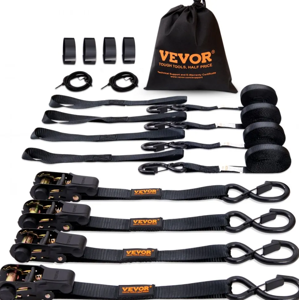 VEVOR Ratchet Tie Down Straps (4PK), 2200 lb Max Break Strength, Includes 4 Premium 1" x 15' Rachet Tie Downs with Padded Handles, for Moving Securing Cargo, Appliances, Lawn Equipment, Motorcycle