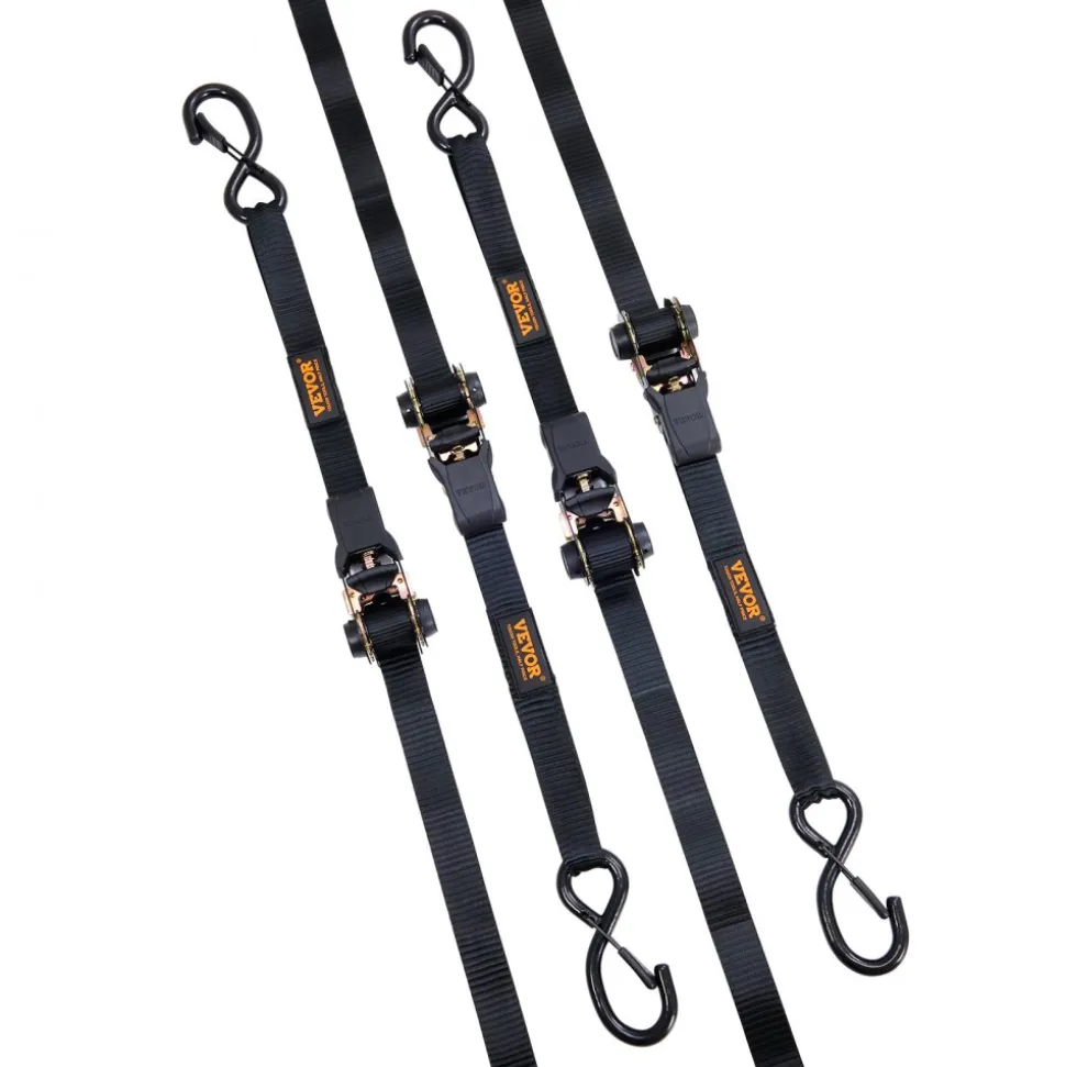 VEVOR Ratchet Tie Down Straps (4PK), 2200 lb Max Break Strength, Includes 4 Premium 1" x 15' Rachet Tie Downs with Padded Handles, for Moving Securing Cargo, Appliances, Lawn Equipment, Motorcycle
