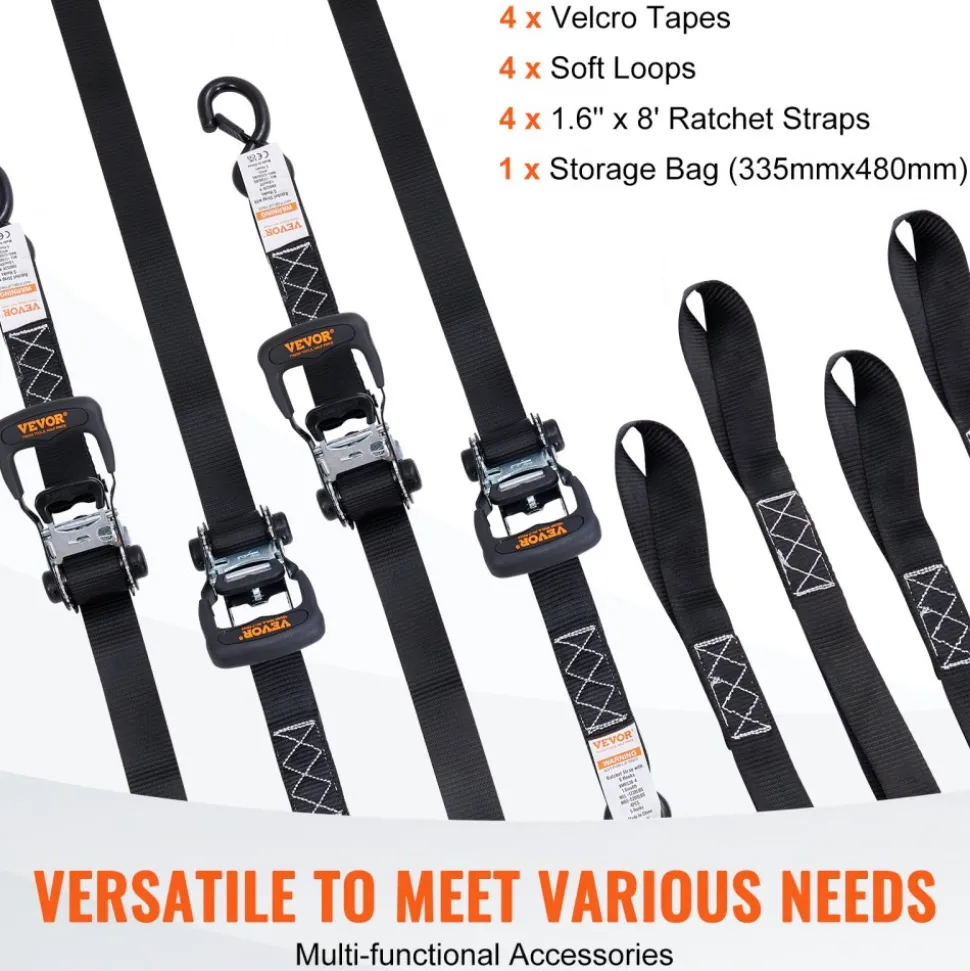 VEVOR Ratchet Tie Down Straps (4PK), 5208 lb Max Break Strength, Includes 4 Premium 1.6" x 8' Rachet Tie Downs with Padded Handles, for Moving Securing Cargo, Appliances, Lawn Equipment, Motorcycle
