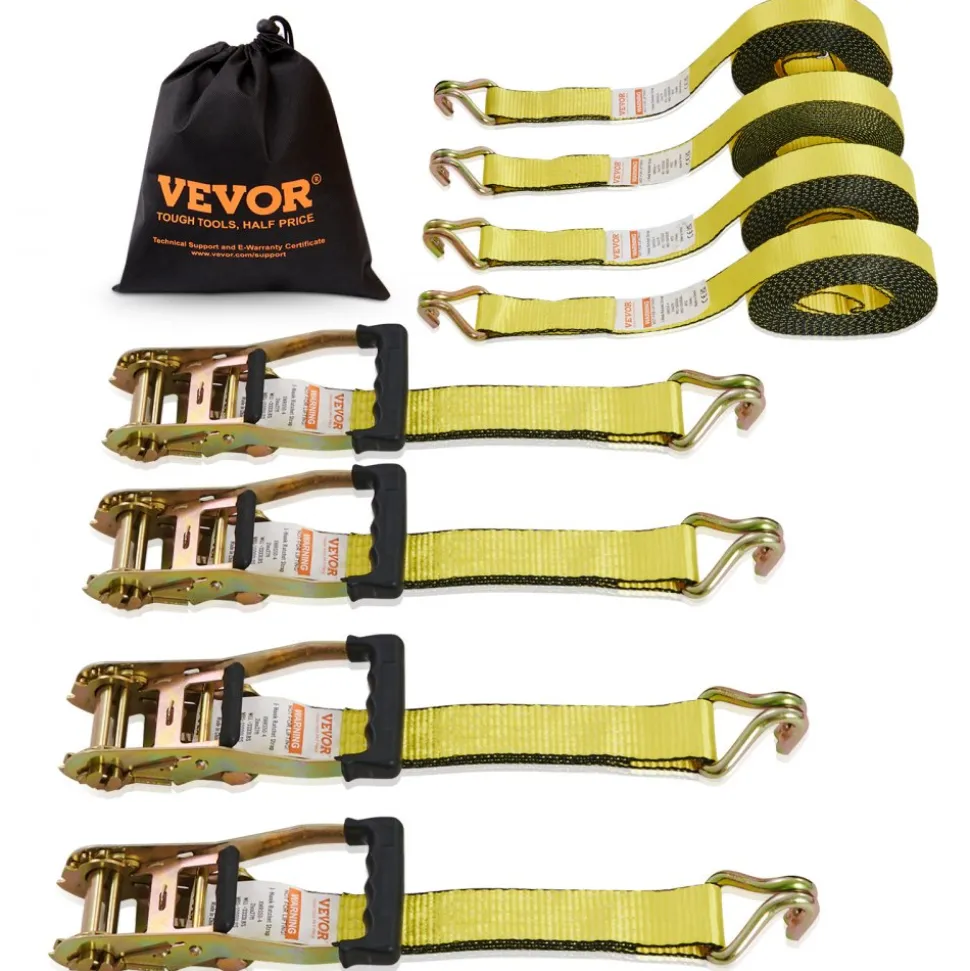 VEVOR Ratchet Tie Down Straps (4PK), 10000 lb Break Strength, Double J Hook Includes 4 Premium 2" x 27' Rachet Tie Downs with Padded Handles, for Moving Securing Cargo, Appliances, Lawn Equipment