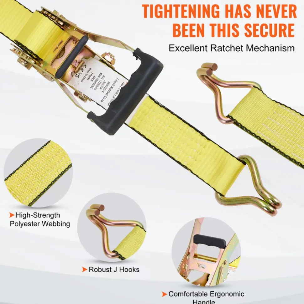 VEVOR Ratchet Tie Down Straps (4PK), 10000 lb Break Strength, Double J Hook Includes 4 Premium 2" x 27' Rachet Tie Downs with Padded Handles, for Moving Securing Cargo, Appliances, Lawn Equipment