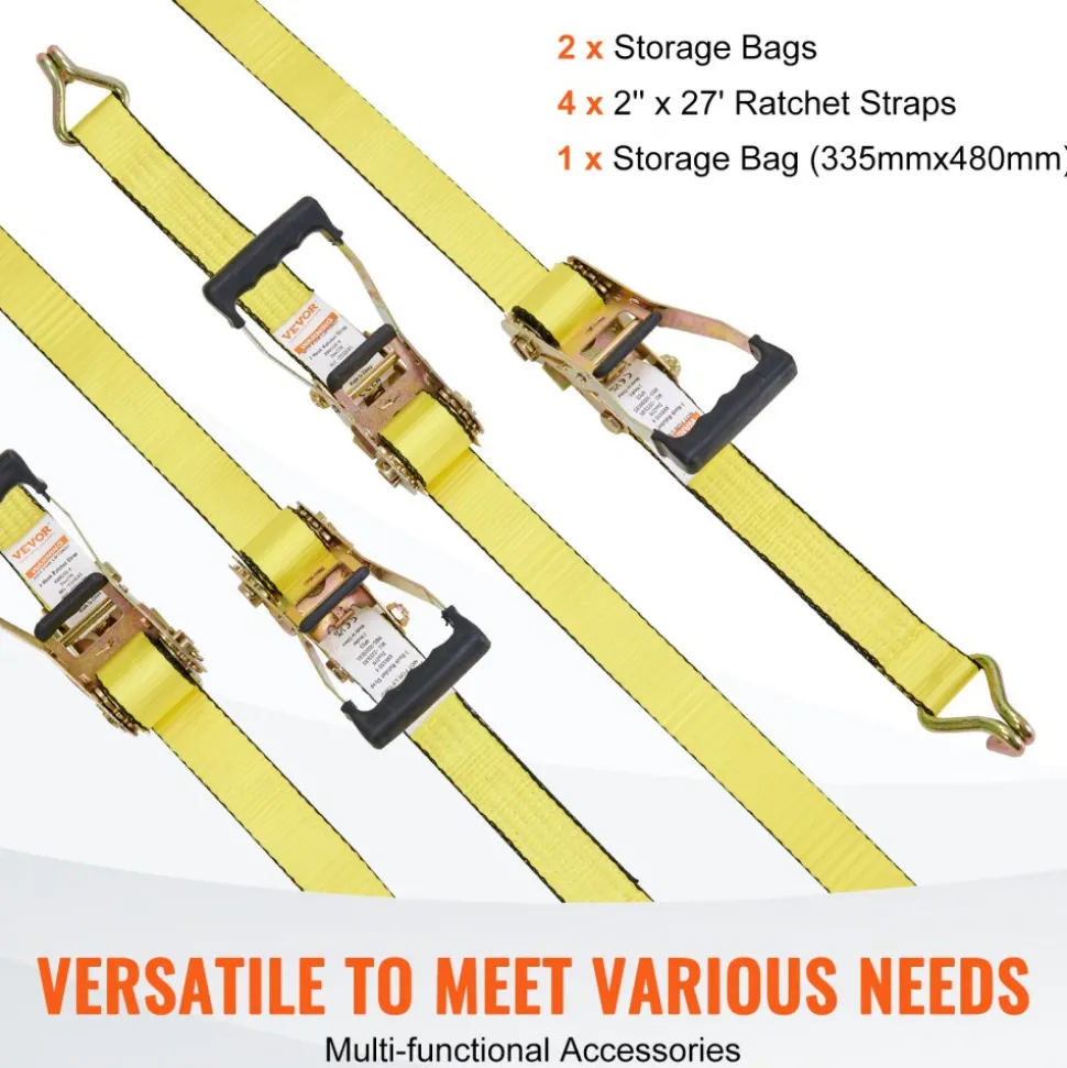 VEVOR Ratchet Tie Down Straps (4PK), 10000 lb Break Strength, Double J Hook Includes 4 Premium 2" x 27' Rachet Tie Downs with Padded Handles, for Moving Securing Cargo, Appliances, Lawn Equipment