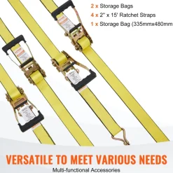 VEVOR Ratchet Tie Down Straps (4PK), 5000 lb Break Strength, Double J Hook Includes 4 Premium 2" x 15' Rachet Tie Downs with Padded Handles, for Moving Securing Cargo, Appliances, Lawn Equipment