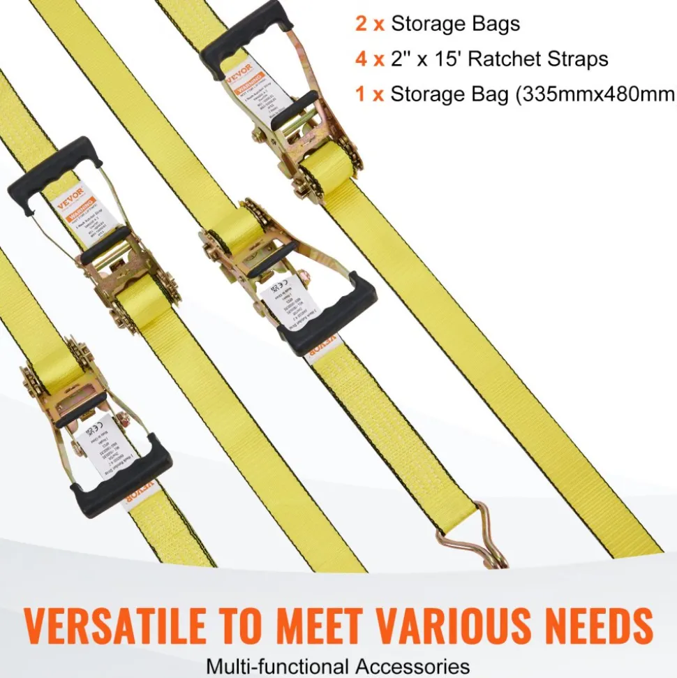 VEVOR Ratchet Tie Down Straps (4PK), 5000 lb Break Strength, Double J Hook Includes 4 Premium 2" x 15' Rachet Tie Downs with Padded Handles, for Moving Securing Cargo, Appliances, Lawn Equipment