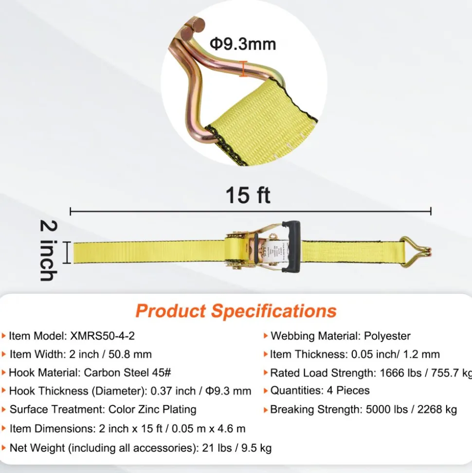 VEVOR Ratchet Tie Down Straps (4PK), 5000 lb Break Strength, Double J Hook Includes 4 Premium 2" x 15' Rachet Tie Downs with Padded Handles, for Moving Securing Cargo, Appliances, Lawn Equipment