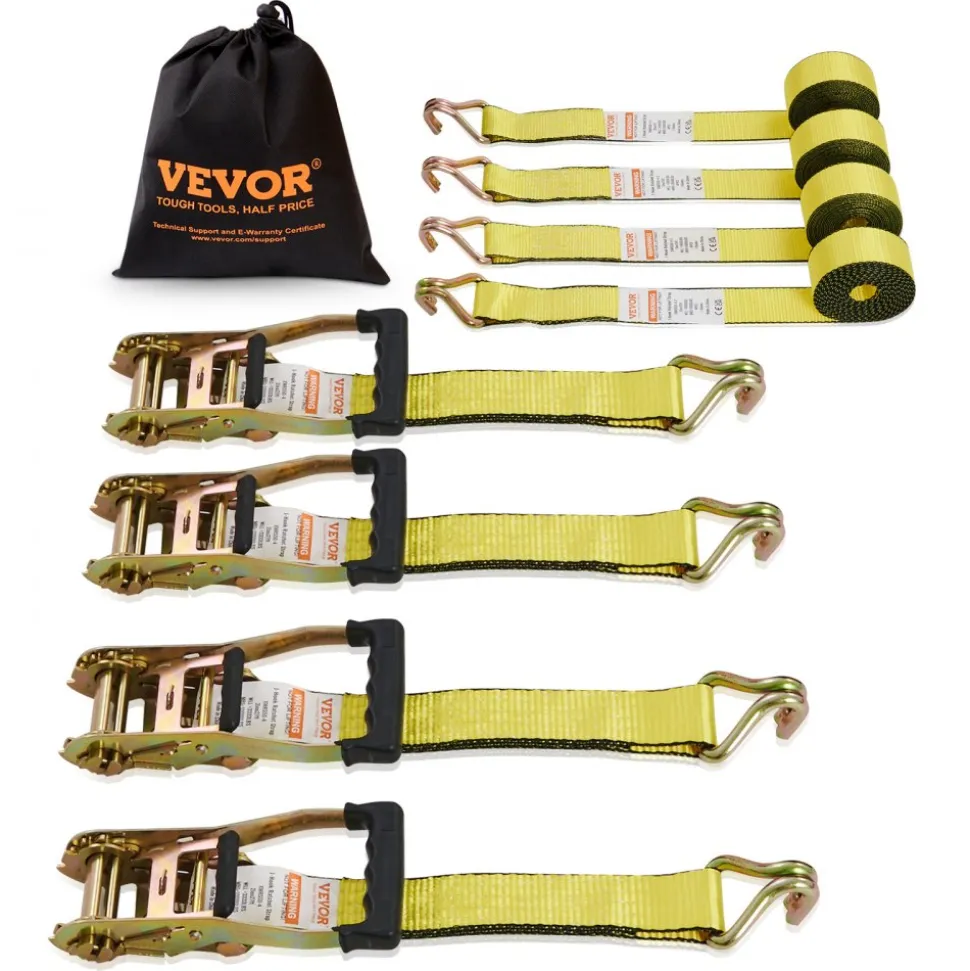 VEVOR Ratchet Tie Down Straps (4PK), 5000 lb Break Strength, Double J Hook Includes 4 Premium 2" x 15' Rachet Tie Downs with Padded Handles, for Moving Securing Cargo, Appliances, Lawn Equipment