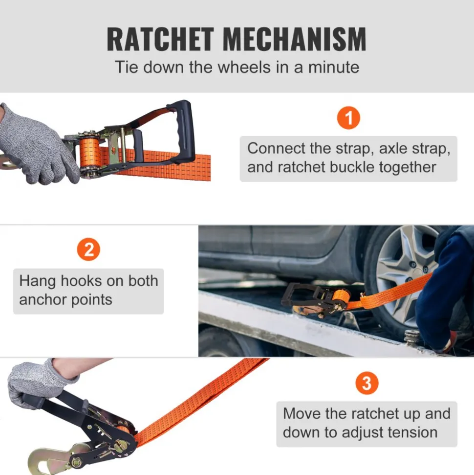 VEVOR Ratchet Tie Down Straps Kit, 2" x 120" Tire Straps, 5512 LBS Working Load, 11023 LBS Breaking Strength, Car Tie Down Straps with Snap Hooks for Passenger Car, Truck, Trailer, 4-Pack