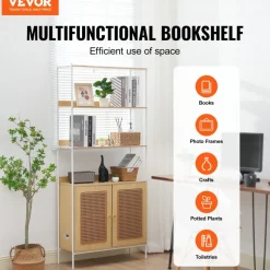 VEVOR Rattan Bookshelf, Ladder Shelf with 2 Doors, Rectangle Freestanding Open Storage Bookcase Rack Organizer, Storage Display Shelves Ideal for Library, Meeting Room, Office, Study, Natural