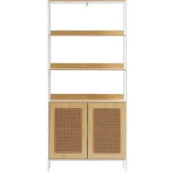 VEVOR Rattan Bookshelf, Ladder Shelf with 2 Doors, Rectangle Freestanding Open Storage Bookcase Rack Organizer, Storage Display Shelves Ideal for Library, Meeting Room, Office, Study, Natural
