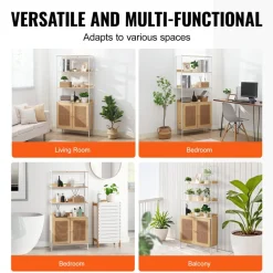 VEVOR Rattan Bookshelf, Ladder Shelf with 2 Doors, Rectangle Freestanding Open Storage Bookcase Rack Organizer, Storage Display Shelves Ideal for Library, Meeting Room, Office, Study, Natural