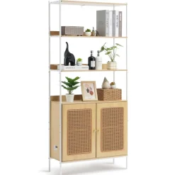 VEVOR Rattan Bookshelf, Ladder Shelf with 2 Doors, Rectangle Freestanding Open Storage Bookcase Rack Organizer, Storage Display Shelves Ideal for Library, Meeting Room, Office, Study, Natural