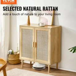 VEVOR Rattan Cabinet, Rattan Storage Cabinet with 2 Magnetic Doors and Adjustable Shelves, Sideboard Buffet Cabinet for Hallway, Entryway, Living Room, or Kitchen, Natural
