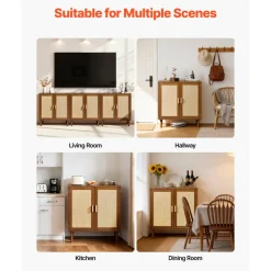 VEVOR Rattan Cabinet, Rattan Storage Cabinet with 2 Magnetic Doors and Adjustable Shelves, Accent Sideboard Buffet with Wooden Legs & Power Cord Hole for Hallway, Entryway, Living Room, Kitchen, Khaki