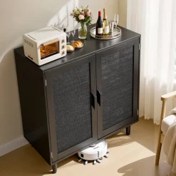 VEVOR Rattan Cabinet, Rattan Storage Cabinet with 2 Magnetic Doors and Adjustable Shelves, Accent Sideboard Buffet with Wooden Legs & Power Cord Hole for Hallway, Entryway, Living Room, Kitchen, Black