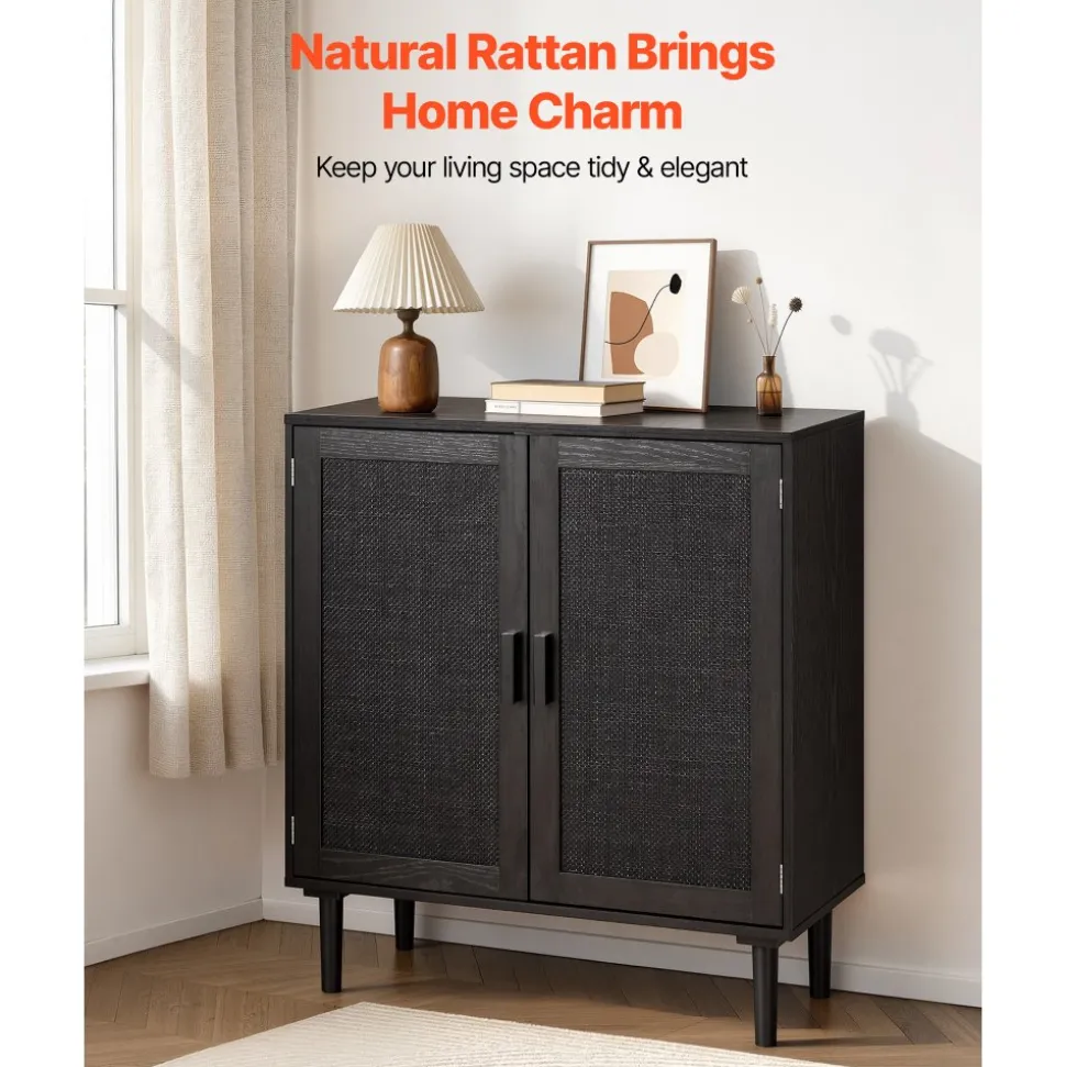 VEVOR Rattan Cabinet, Rattan Storage Cabinet with 2 Magnetic Doors and Adjustable Shelves, Accent Sideboard Buffet with Wooden Legs & Power Cord Hole for Hallway, Entryway, Living Room, Kitchen, Black