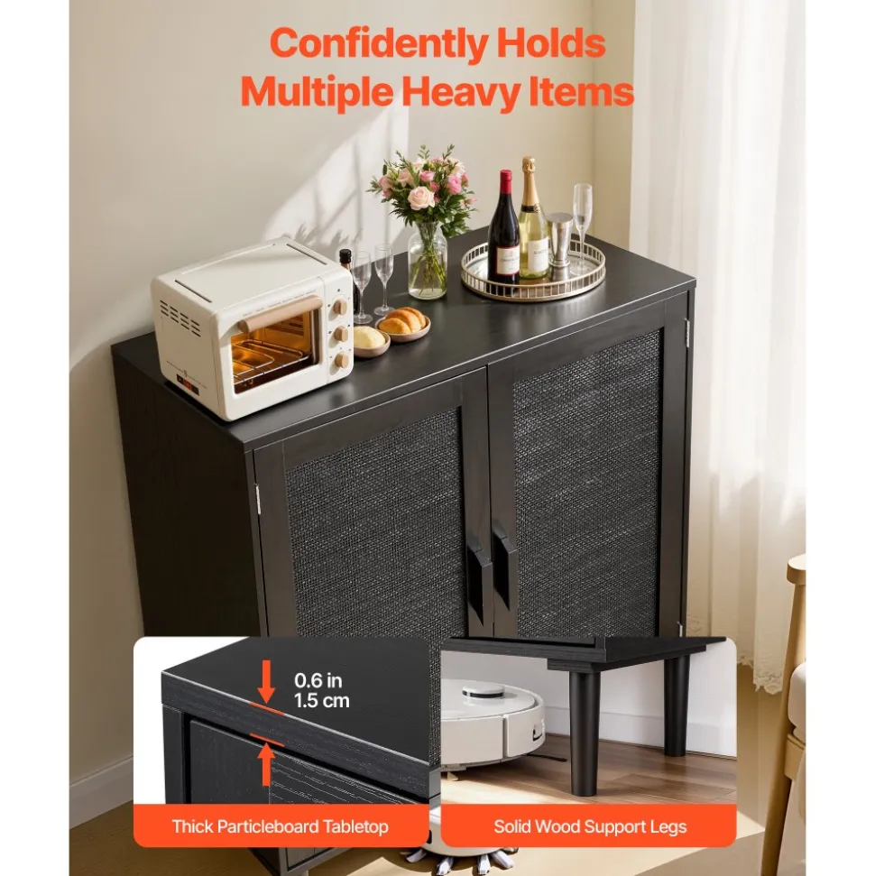 VEVOR Rattan Cabinet, Rattan Storage Cabinet with 2 Magnetic Doors and Adjustable Shelves, Accent Sideboard Buffet with Wooden Legs & Power Cord Hole for Hallway, Entryway, Living Room, Kitchen, Black