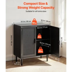 VEVOR Rattan Cabinet, Rattan Storage Cabinet with 2 Magnetic Doors and Adjustable Shelves, Accent Sideboard Buffet with Wooden Legs & Power Cord Hole for Hallway, Entryway, Living Room, Kitchen, Black
