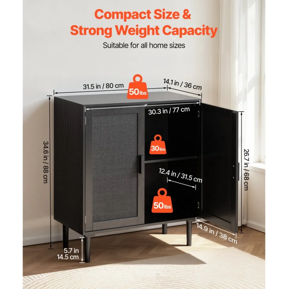 VEVOR Rattan Cabinet, Rattan Storage Cabinet with 2 Magnetic Doors and Adjustable Shelves, Accent Sideboard Buffet with Wooden Legs & Power Cord Hole for Hallway, Entryway, Living Room, Kitchen, Black