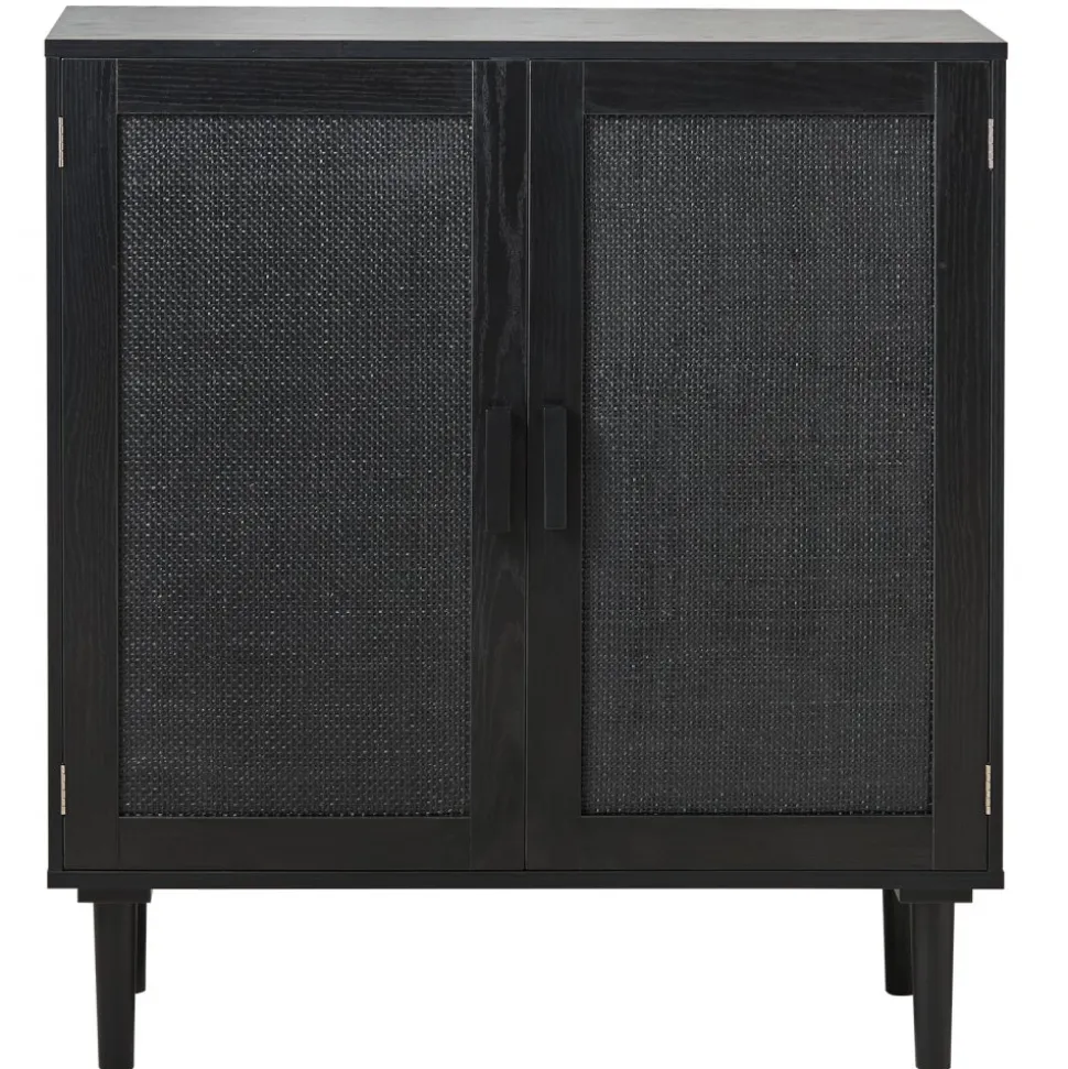 VEVOR Rattan Cabinet, Rattan Storage Cabinet with 2 Magnetic Doors and Adjustable Shelves, Accent Sideboard Buffet with Wooden Legs & Power Cord Hole for Hallway, Entryway, Living Room, Kitchen, Black