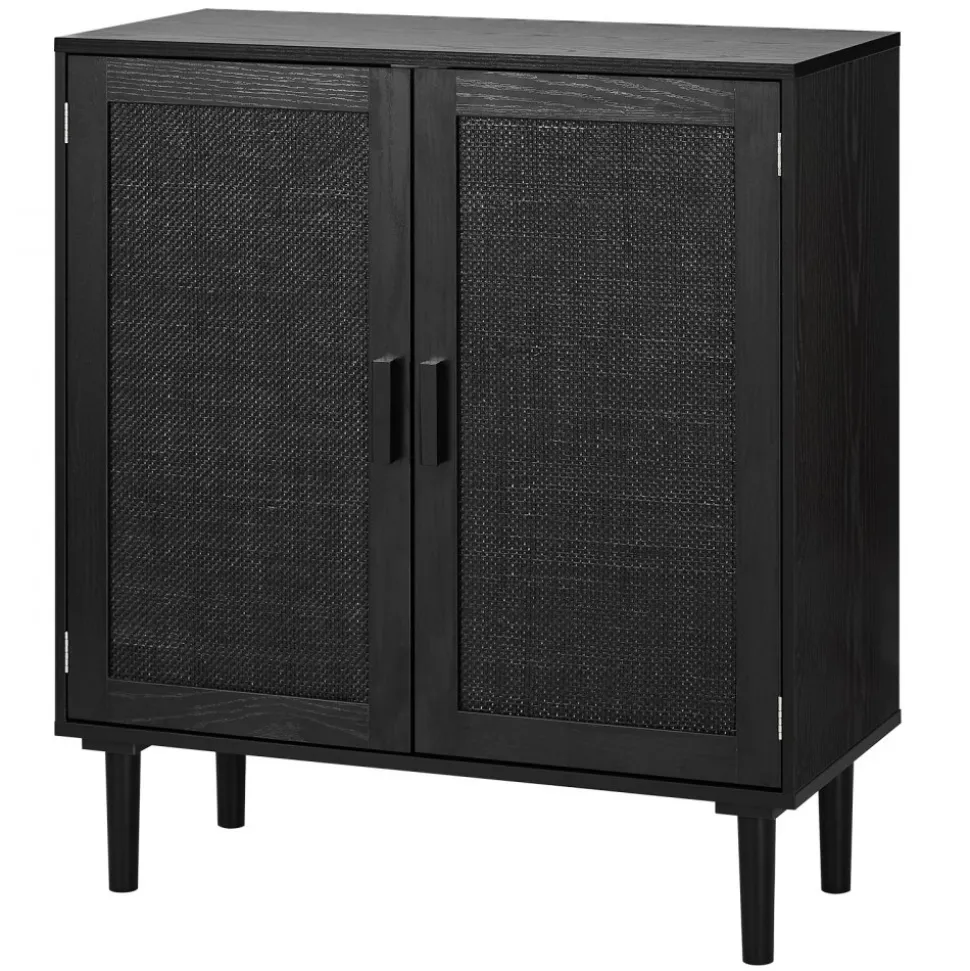 VEVOR Rattan Cabinet, Rattan Storage Cabinet with 2 Magnetic Doors and Adjustable Shelves, Accent Sideboard Buffet with Wooden Legs & Power Cord Hole for Hallway, Entryway, Living Room, Kitchen, Black