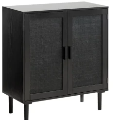 VEVOR Rattan Cabinet, Rattan Storage Cabinet with 2 Magnetic Doors and Adjustable Shelves, Accent Sideboard Buffet with Wooden Legs & Power Cord Hole for Hallway, Entryway, Living Room, Kitchen, Black