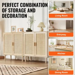VEVOR Rattan Cabinet, Set of 2, Rattan Storage Cabinet with 4 Magnetic Doors and Adjustable Shelves, Sideboard Buffet Cabinet for Hallway, Entryway, Living Room, or Kitchen, Natural