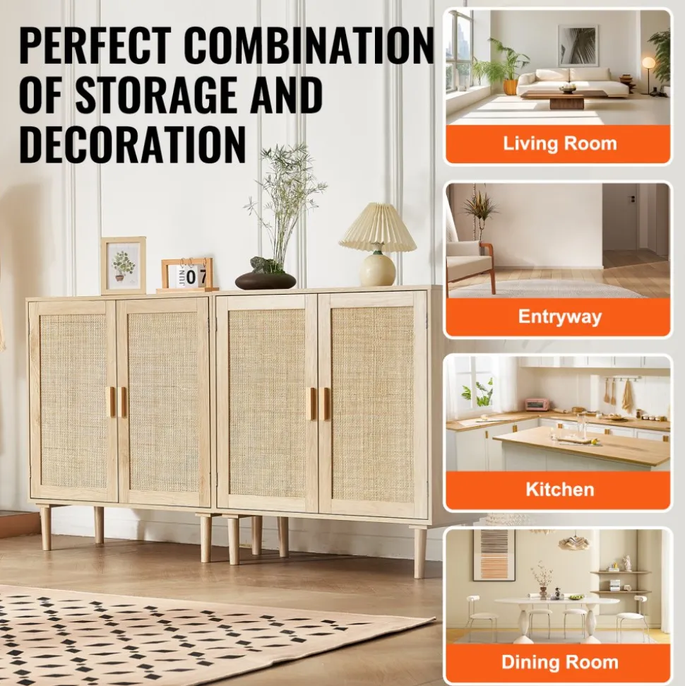 VEVOR Rattan Cabinet, Set of 2, Rattan Storage Cabinet with 4 Magnetic Doors and Adjustable Shelves, Sideboard Buffet Cabinet for Hallway, Entryway, Living Room, or Kitchen, Natural